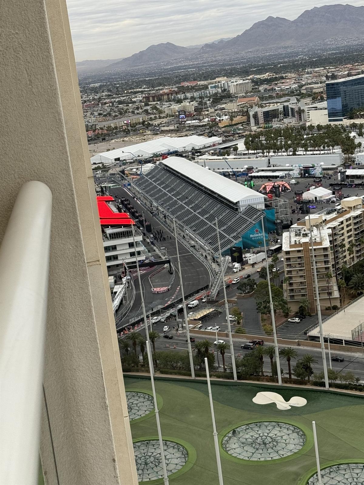 View from private balcony of F1 Start/Finish line grandstands